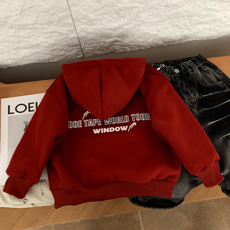 Children's red plush thick hoodie