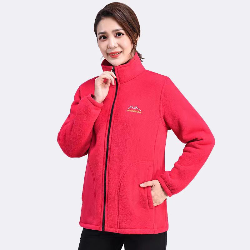 Fleece Jacket for Women Lined Thickened Zip-Up Stand Collar Loose Sporty Hoodie Warm Top