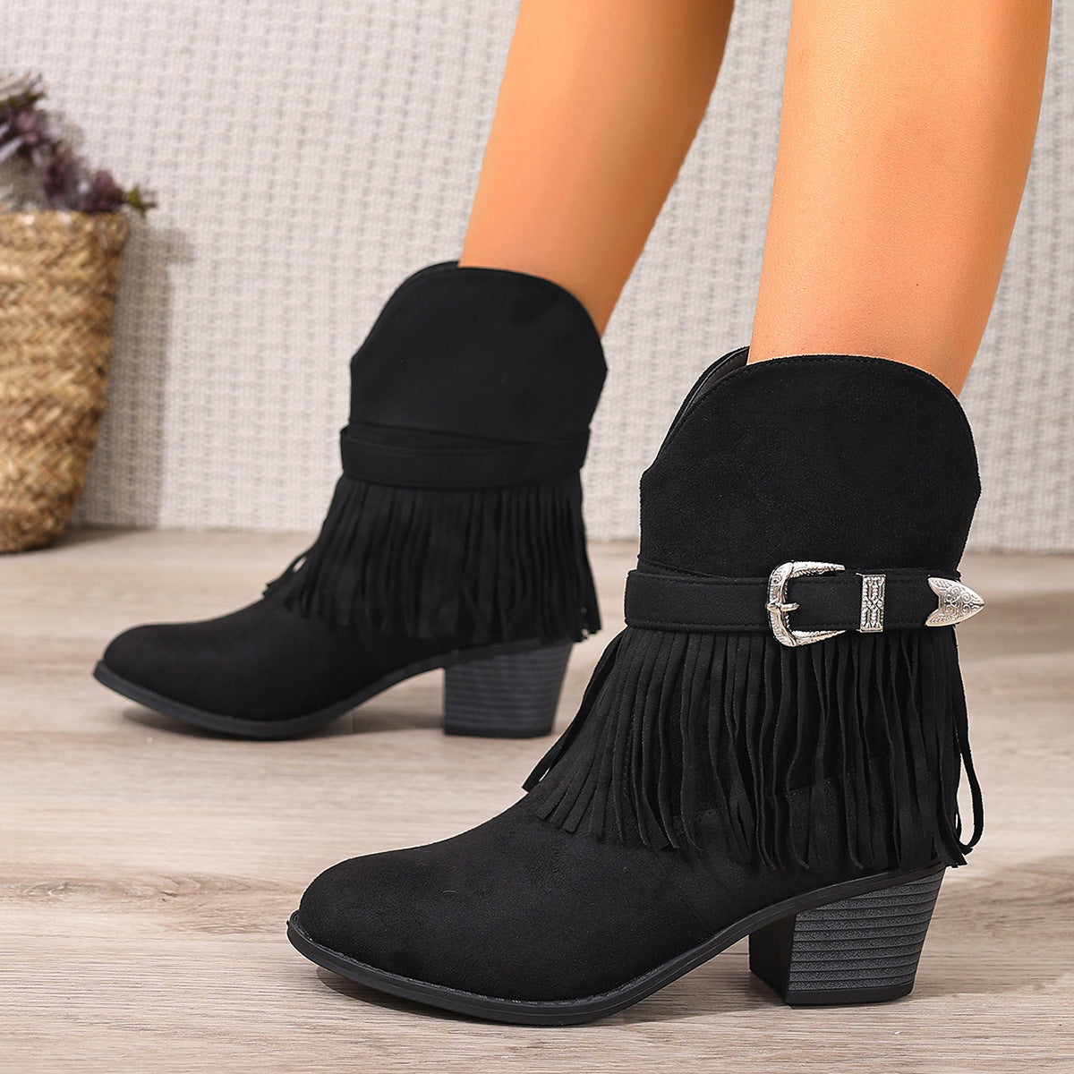 Botines Western con Flecos, Hebilla y Tacón Grueso – Mujer