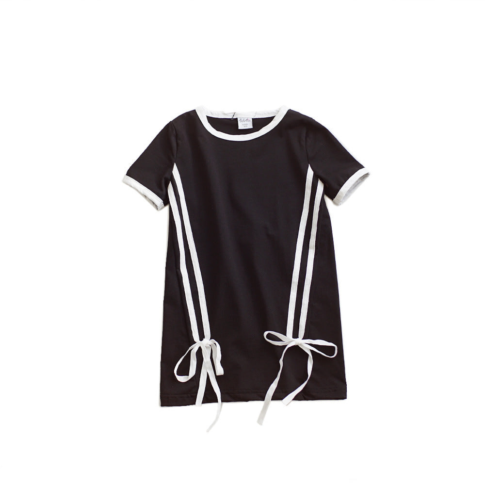 Children's Tweed Style Black and White Dress for Girls, Short Sleeve Knit Dress