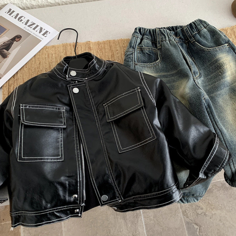 Children's leather jacket with fleece jacket
