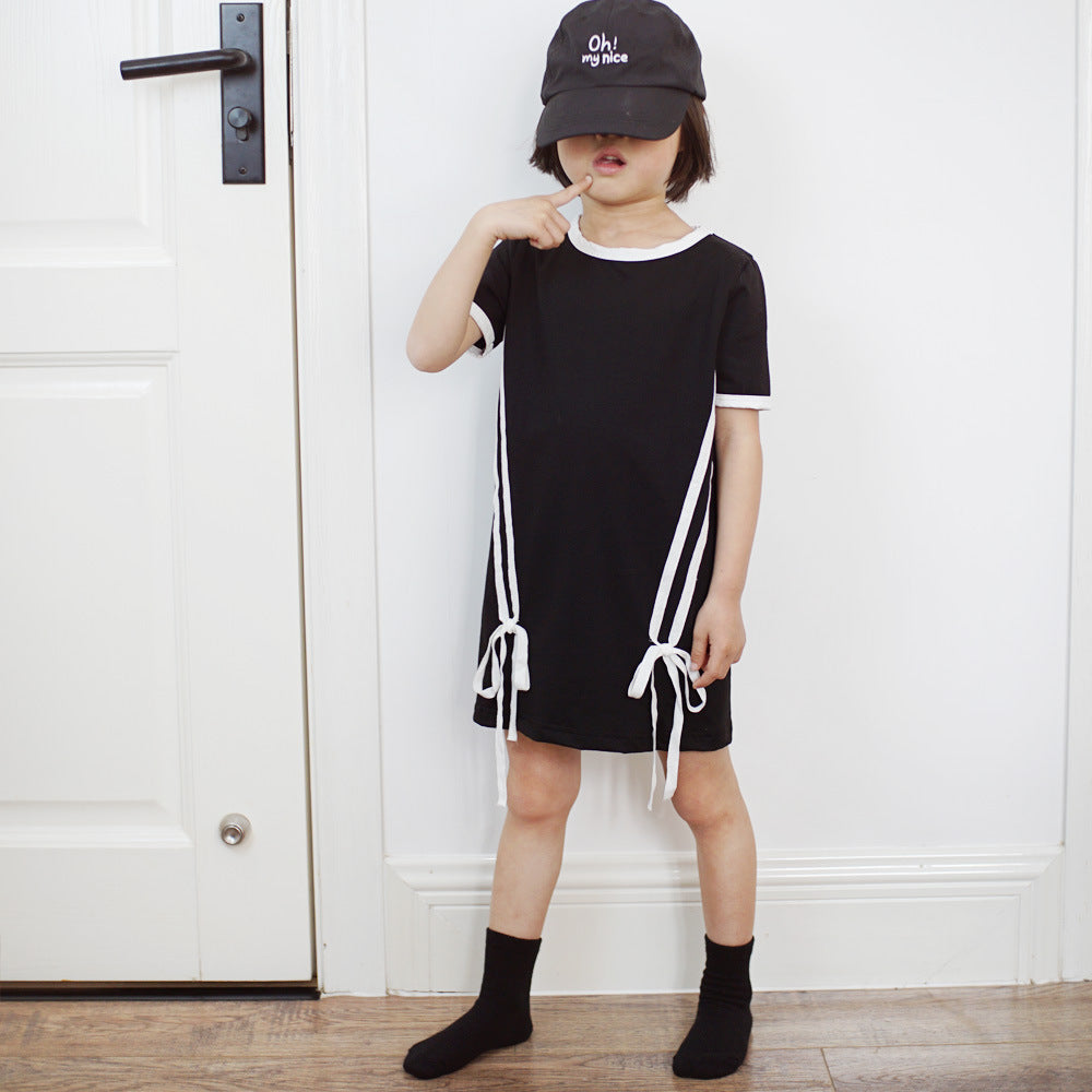 Children's Tweed Style Black and White Dress for Girls, Short Sleeve Knit Dress