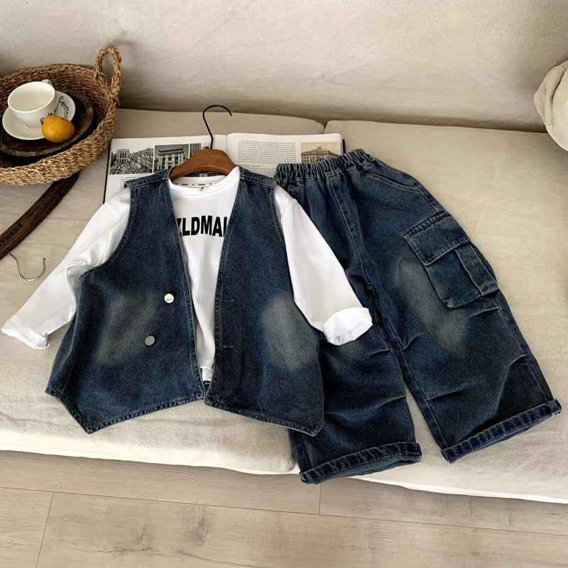 Children's vest pants denim three piece set