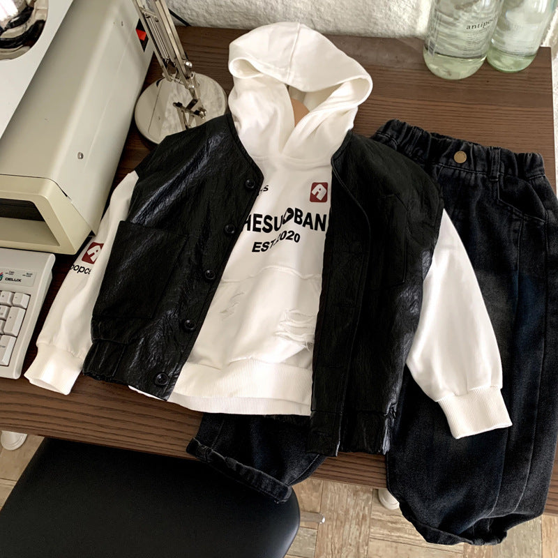 Boy's vest children's black leather jacket female baby
