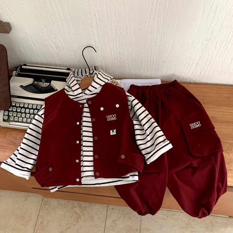 Boys' embroidered letter hooded vest sweatshirt pants three piece set