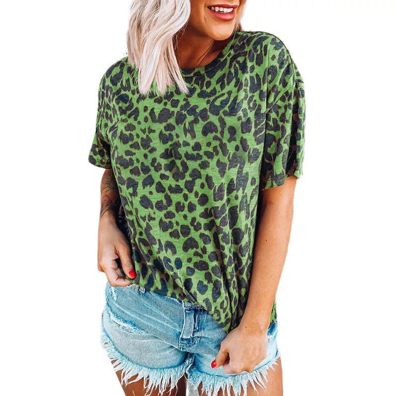 Leopard Pattern Crew Neck Casual Short Sleeve T-Shirt