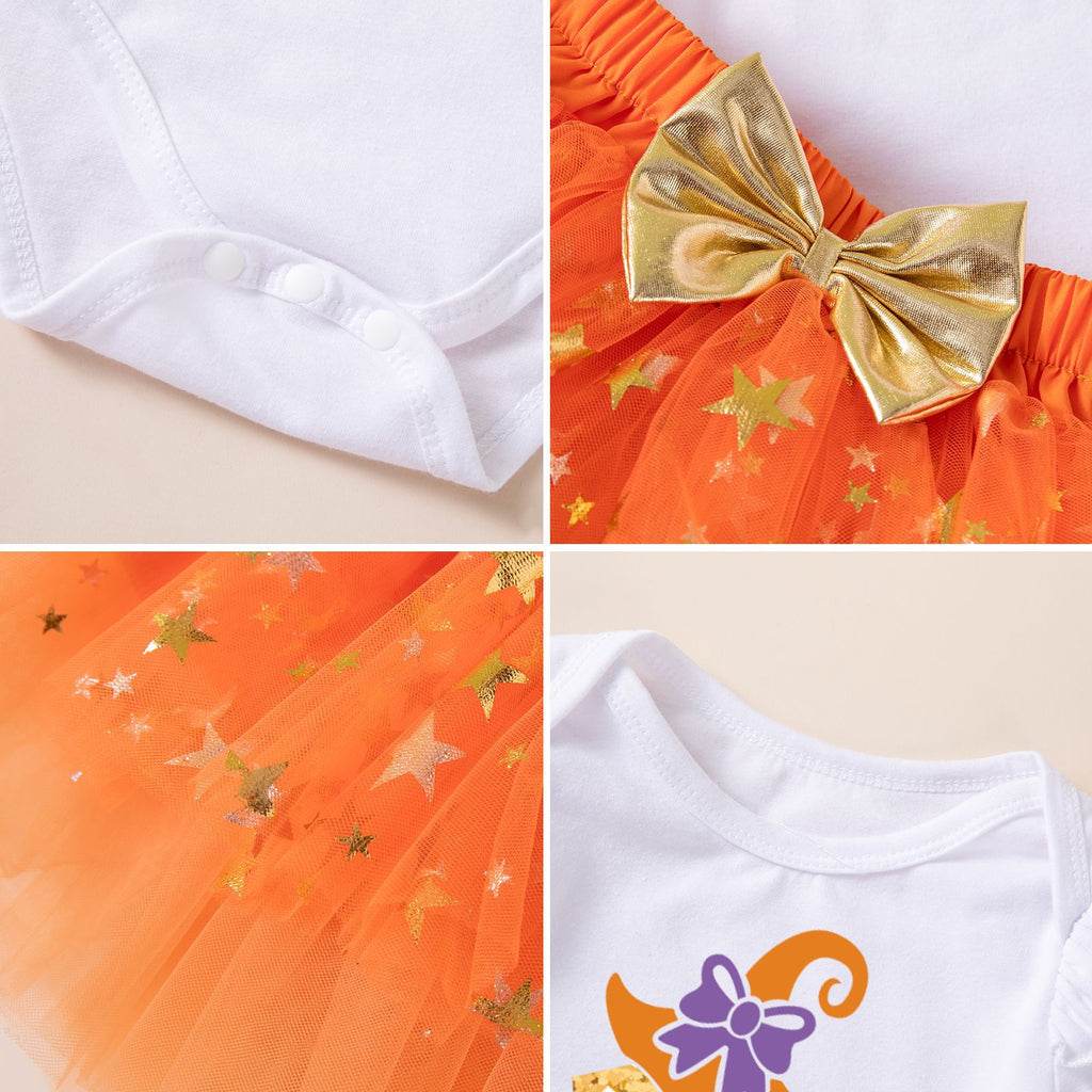 Cute Baby Halloween Costume Set with Pumpkin Witch Print Romper, Orange Tutu Style