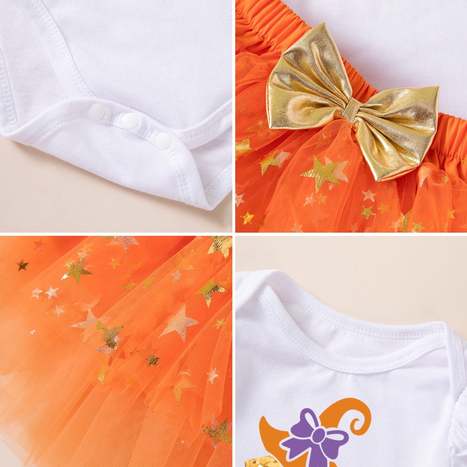 Cute Baby Halloween Costume Set with Pumpkin Witch Print Romper, Orange Tutu Style