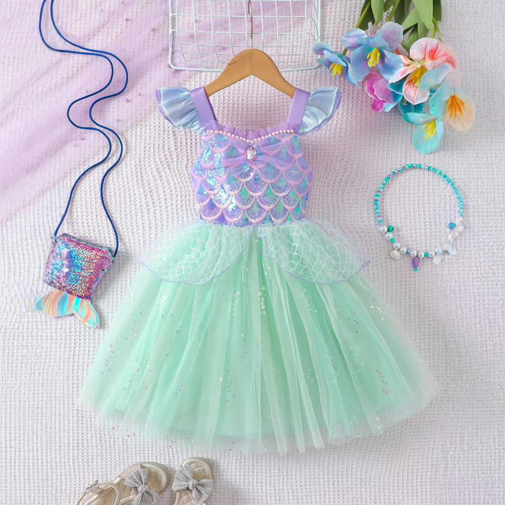 Girls' Sleeveless Mesh Dress with Sequins, Sweet Summer Princess Dress for Kids