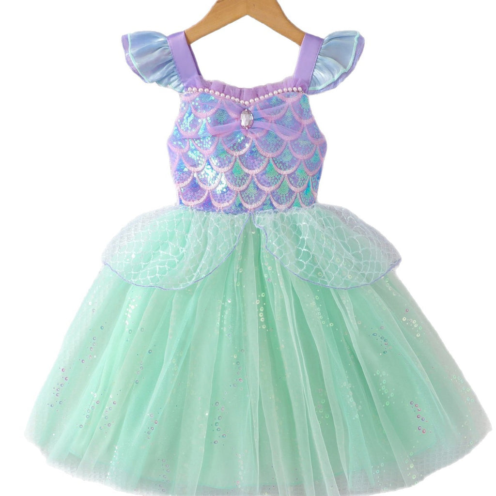 Charming Mermaid Princess Dress for Girls with Sparkly Sequins, Sheer Mesh, and Flutter Sleeve Design Summer Fashion for Kids