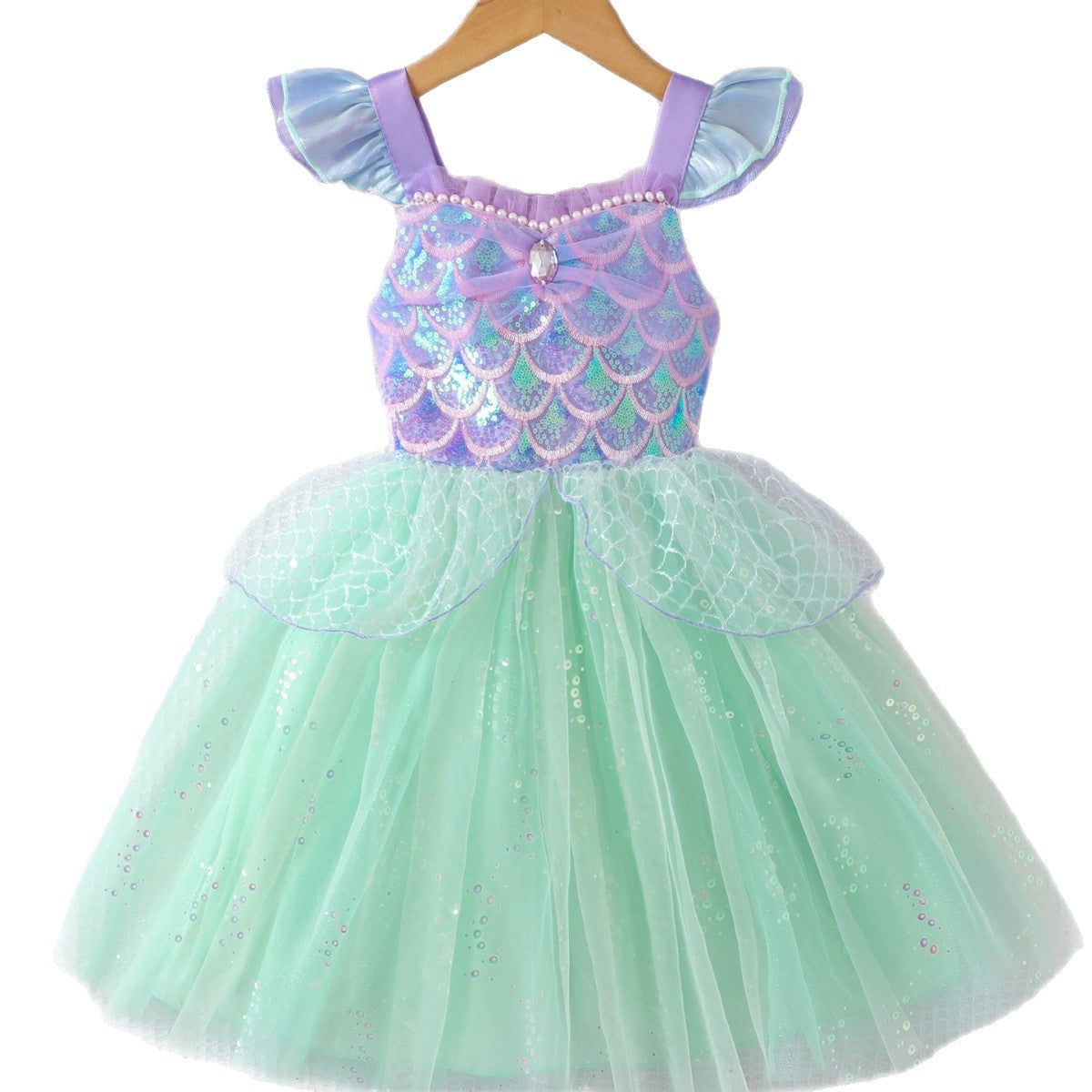 Charming Mermaid Princess Dress for Girls with Sparkly Sequins, Sheer Mesh, and Flutter Sleeve Design Summer Fashion for Kids