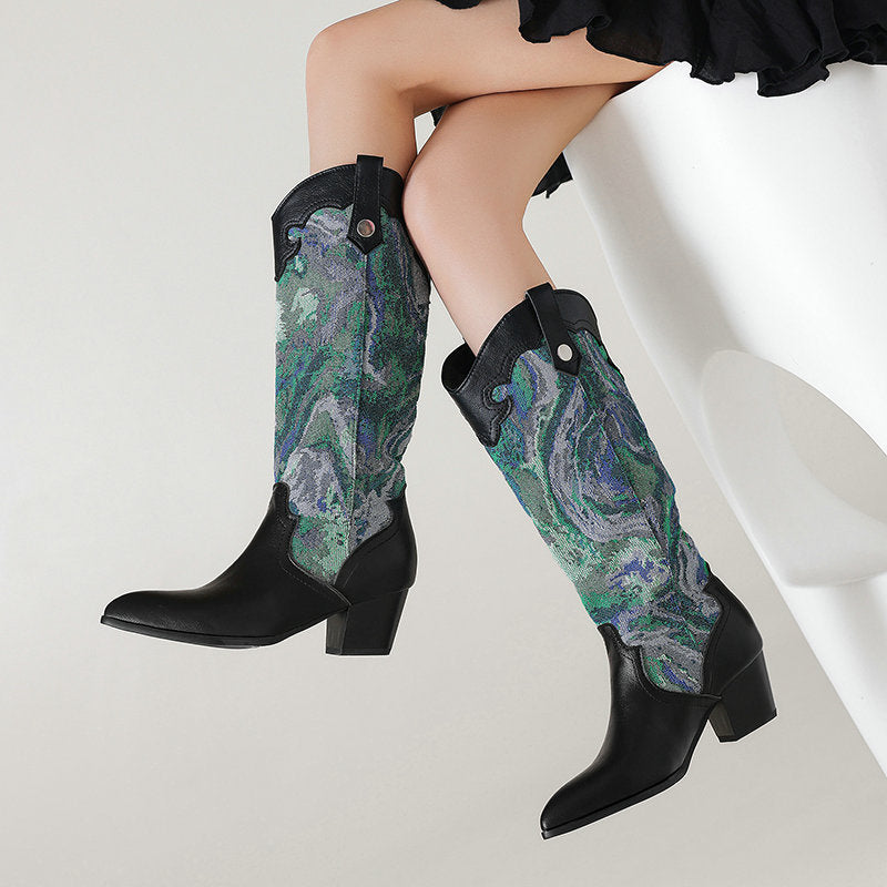 Botas Western Étnicas con Patchwork y Tacón Grueso – Mujer