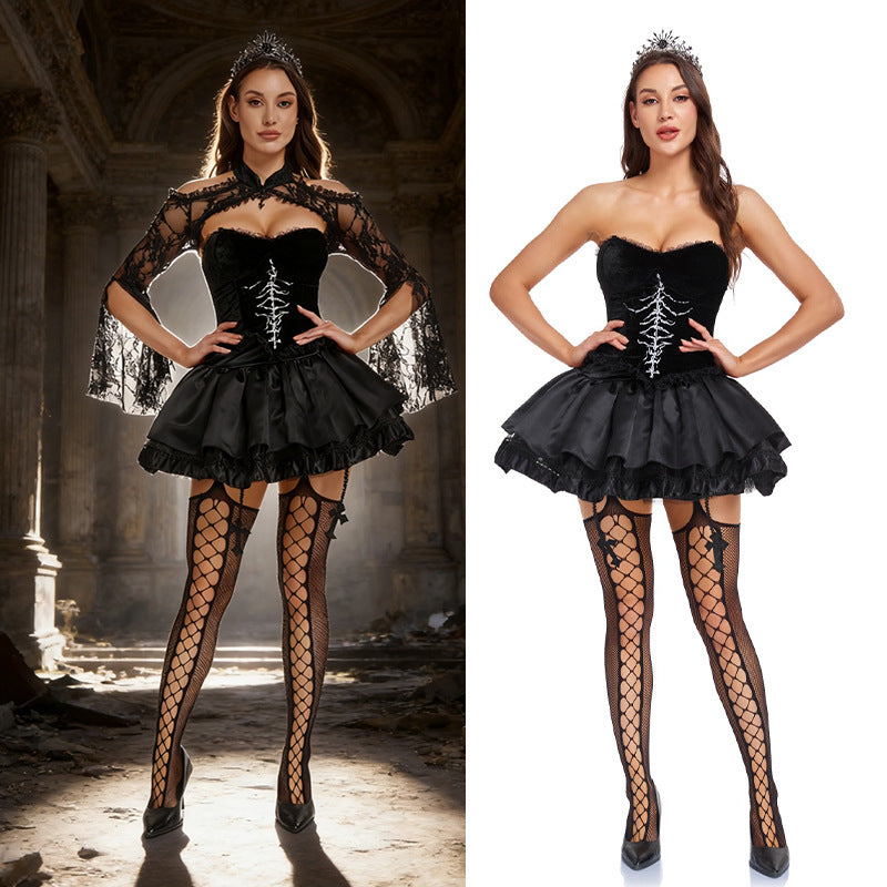 Halloween Gothic Black Widow Rose Puff Sleeveless Mini Dress Witch Devil Vampire Costume