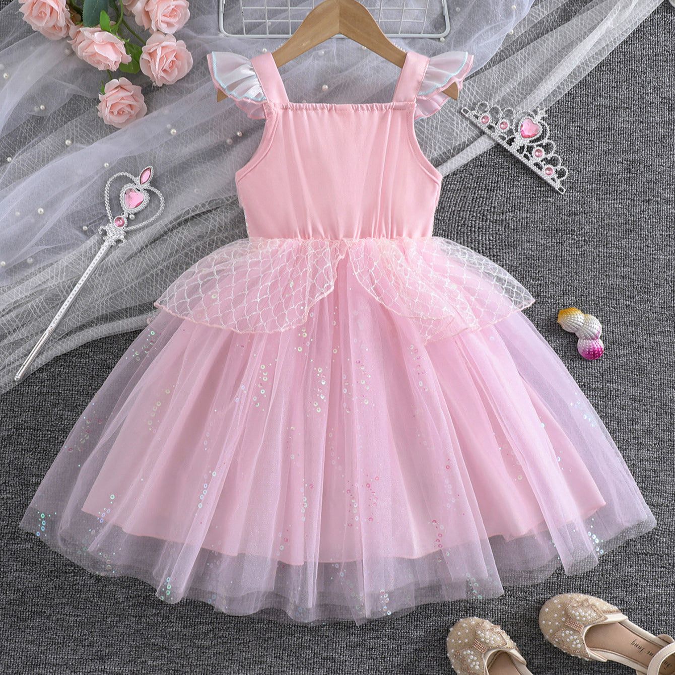 Girls Pink Flutter Sleeve Strap Mermaid Princess Dress Summer Sweet Sequin Party Dress