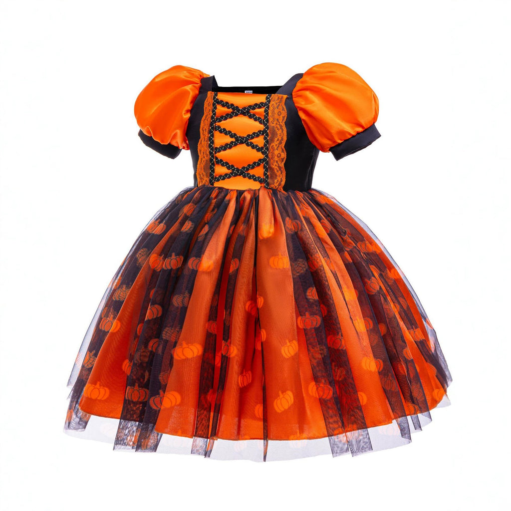 Halloween Cosplay Dress with Pumpkin Print, Lace Tie-Up Princess Dress for Festival Performances