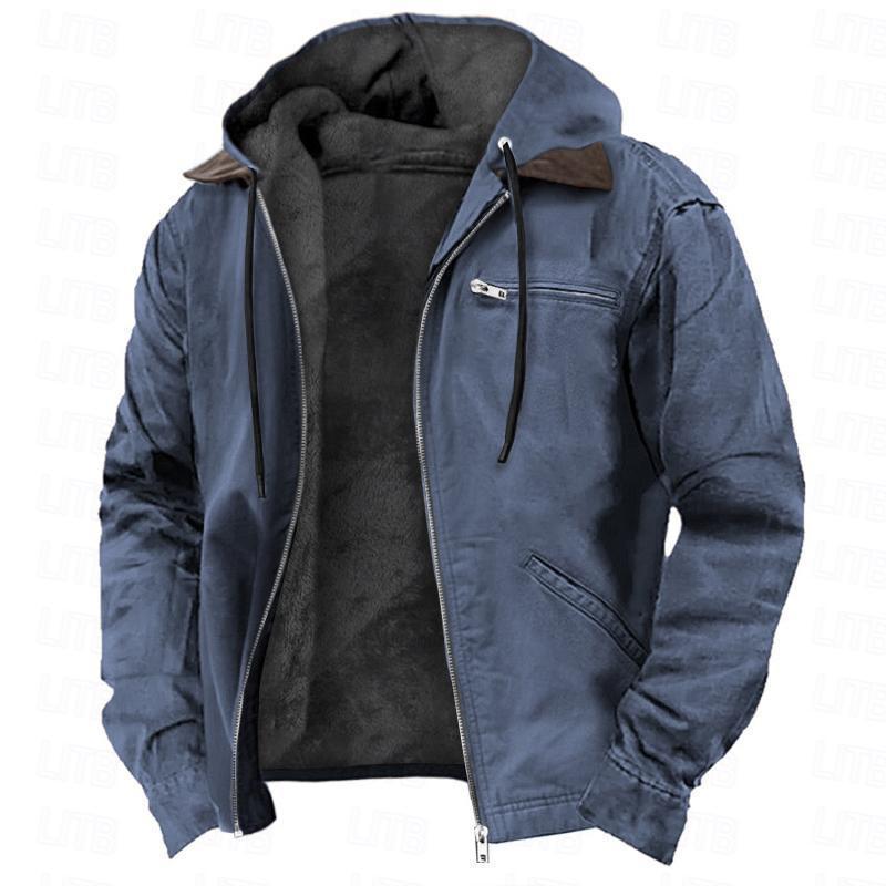 Casual Solid Color Hooded Cotton Jacket with Fleece Lining and Zipper Pockets for Men
