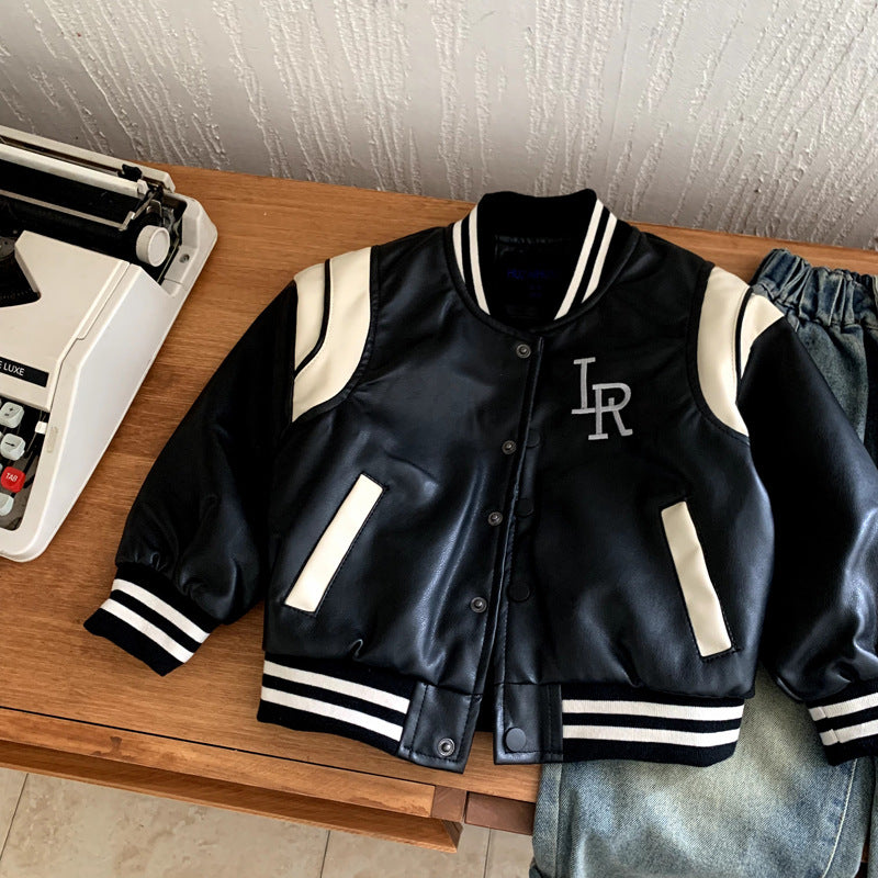 Boys' contrasting color children's leather jacket baseball uniform