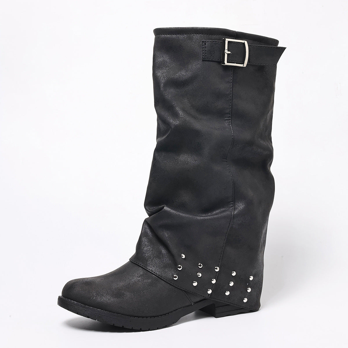 High Heel Boots Women Round Toe  Pleated Women's Knight Western Boots Women Bamboo Joint Mid-Calf Copper Buckle Western Fashion Tassel Boots
