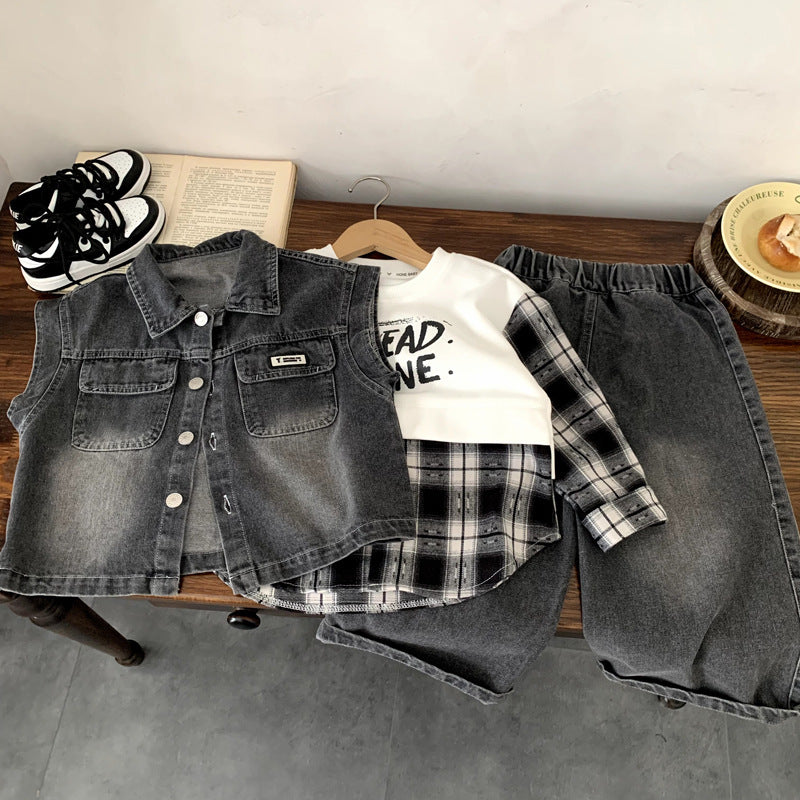 Boys' denim vest three piece set for spring and autumn