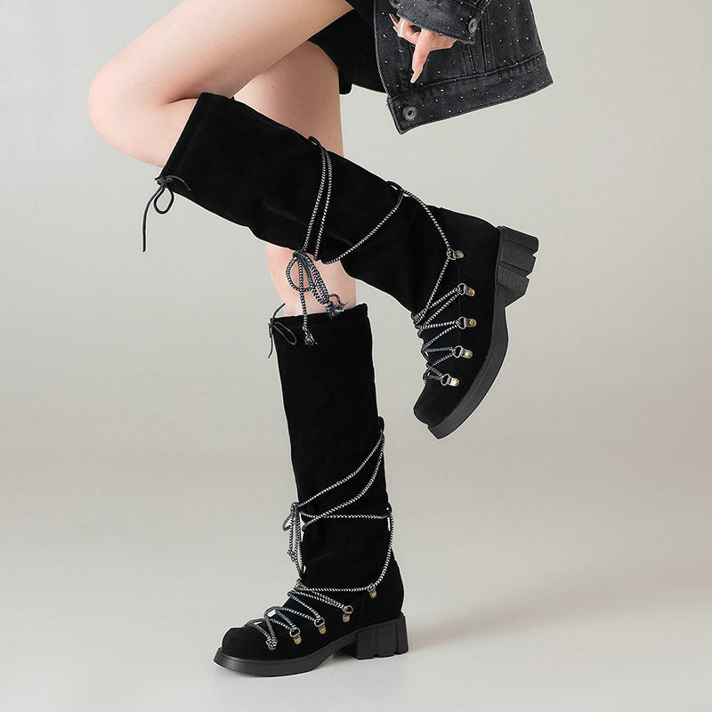 Botas Over-the-Knee con Cinturón y Tacón Grueso – Mujer Vintage