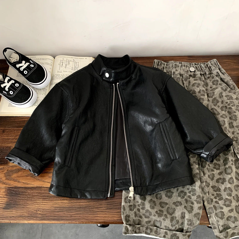 Children's leather jacket motorcycle solid color splicing