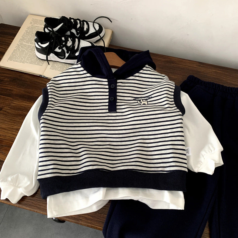 Children's knitted vest three piece set baby autumn striped clothes