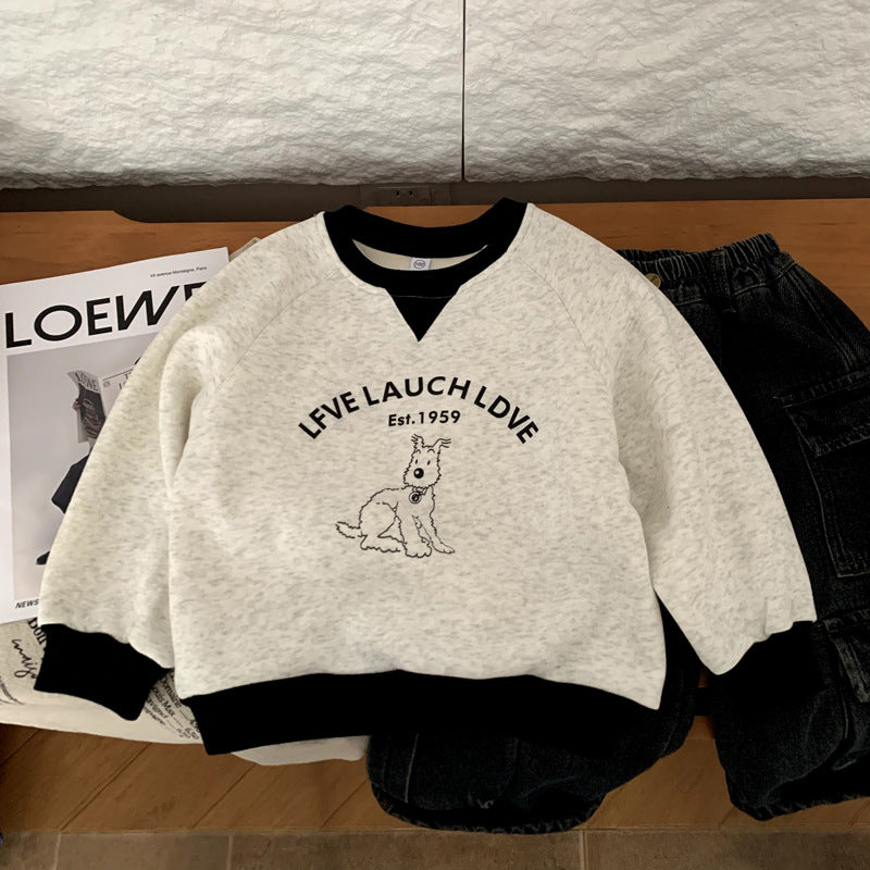 Baby girl round neck cartoon one-piece plush thick pullover top with plush hoodie