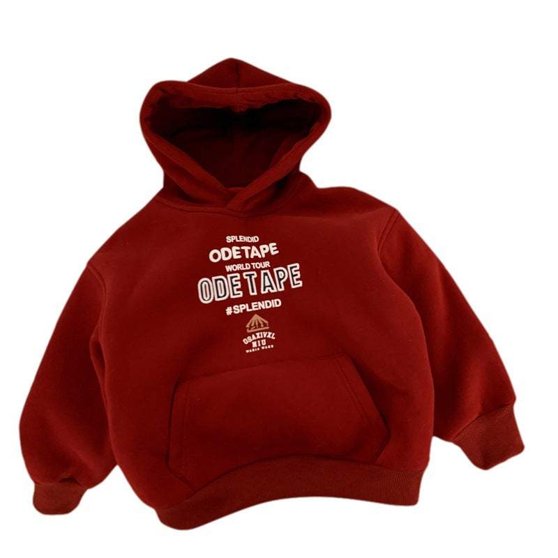 Children's red plush thick hoodie