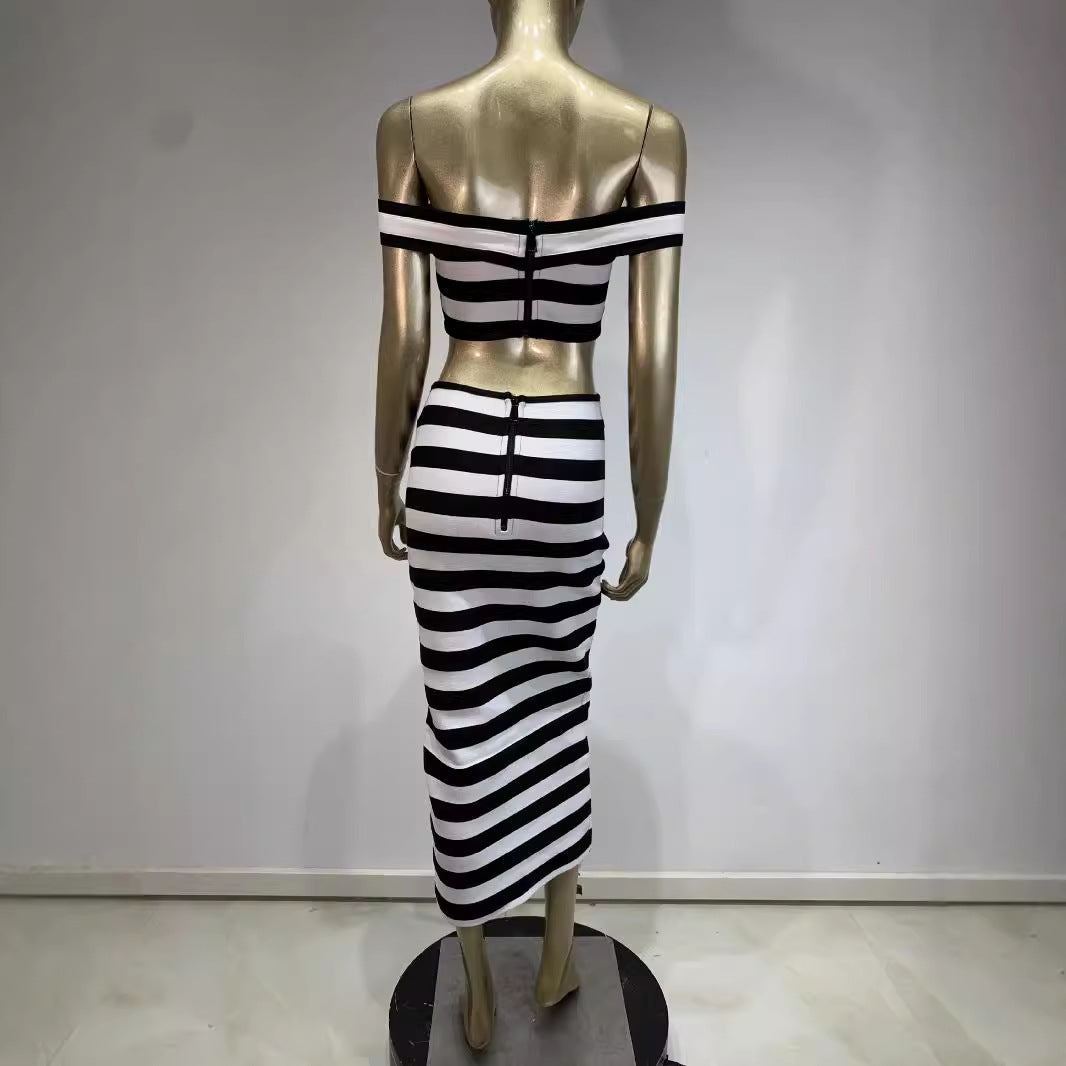 New Black and White Zebra Pattern Bandage Skirt Set European and American Fashion Off Shoulder Short Top Long Skirt Two Piece Set