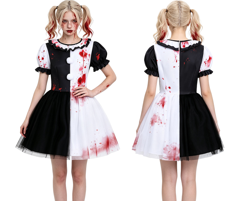 Women's Cosplay Clown Dress with Lace Overlay, A-line Silhouette, Terrifier Horror Costume, Halloween Party Dress