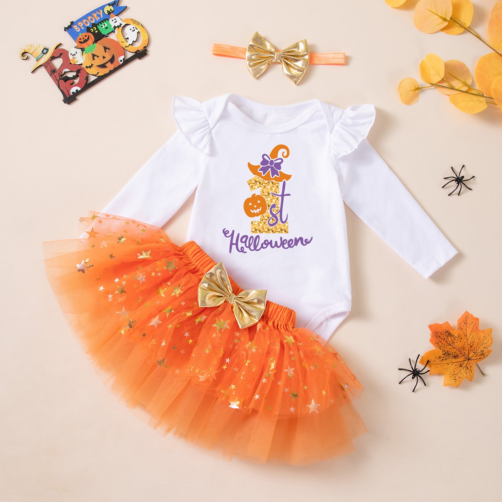 Cute Baby Halloween Costume Set with Pumpkin Witch Print Romper, Orange Tutu Style