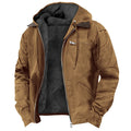 Casual Solid Color Hooded Cotton Jacket with Fleece Lining and Zipper Pockets for Men