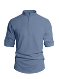 Men's Cotton Linen Henley Collar Solid Color Lightweight Long Sleeve Button-Down Shirt
