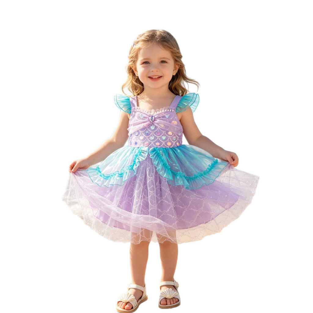 Mermaid Princess Dress with Flutter Sleeves, Sequin Tutu Skirt for Kids, Performance Costume, Birthday Party Dress