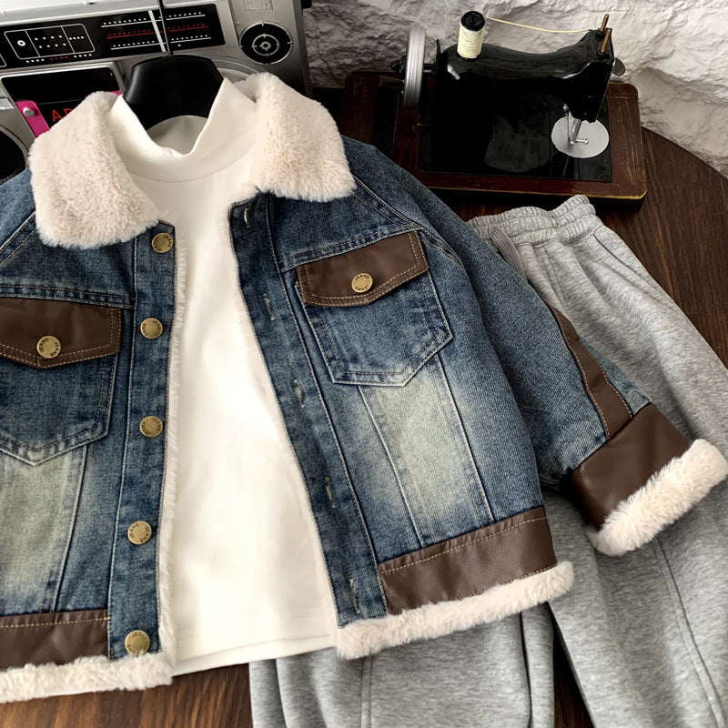 Children's Velvet Thickened Pie Overcomes Girls' Cowboy Top Winter