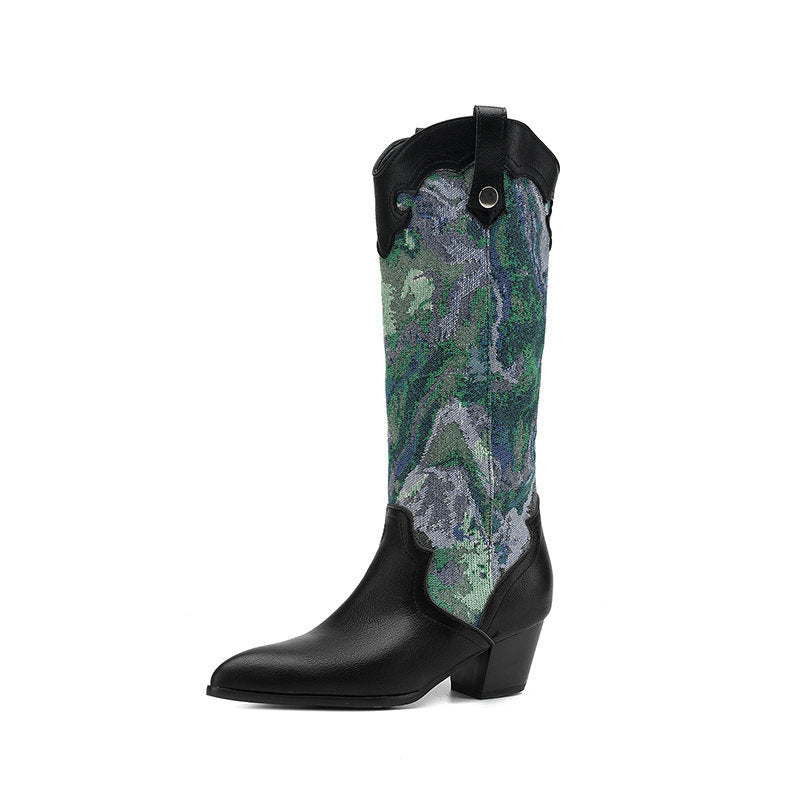 Botas Western Étnicas con Patchwork y Tacón Grueso – Mujer