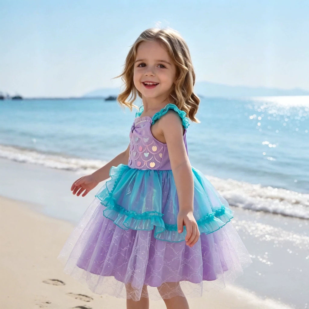 Mermaid Princess Dress with Flutter Sleeves, Sequin Tutu Skirt for Kids, Performance Costume, Birthday Party Dress