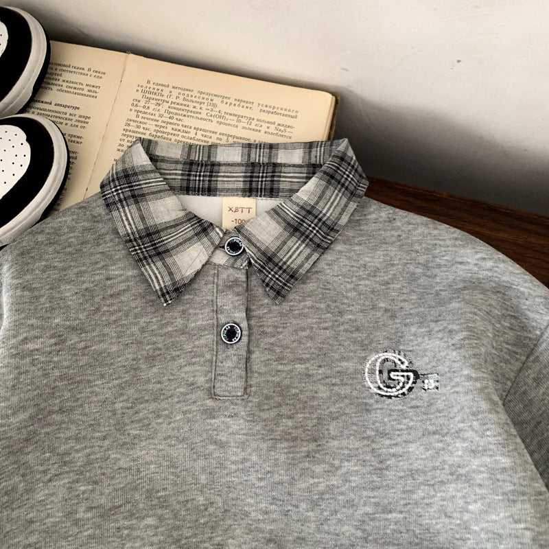 Boys' autumn hoodie set children's checkered collar hoodie