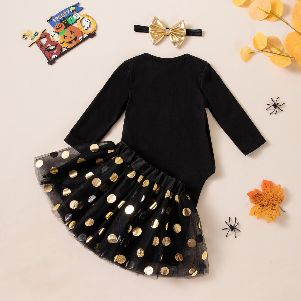 Cute Baby Halloween Long Sleeve Bodysuit with Gold Polka Dot Mesh Skirt, Headband, Pumpkin Socks Set - 4-Piece Outfit