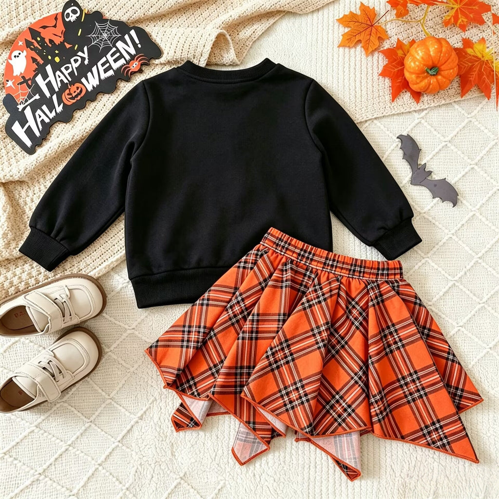 Children's Set Wholesale Factory Girls Halloween Pumpkin Hoodie Plaid Skirt Two-Piece Set Kids Autumn Outfit