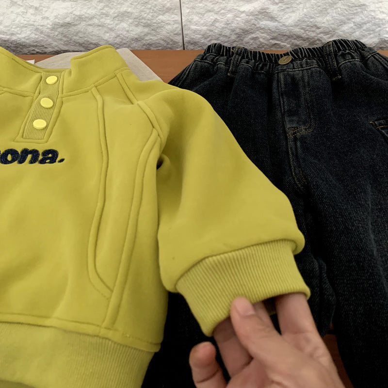 Boys' standing collar hoodie with plush winter clothing