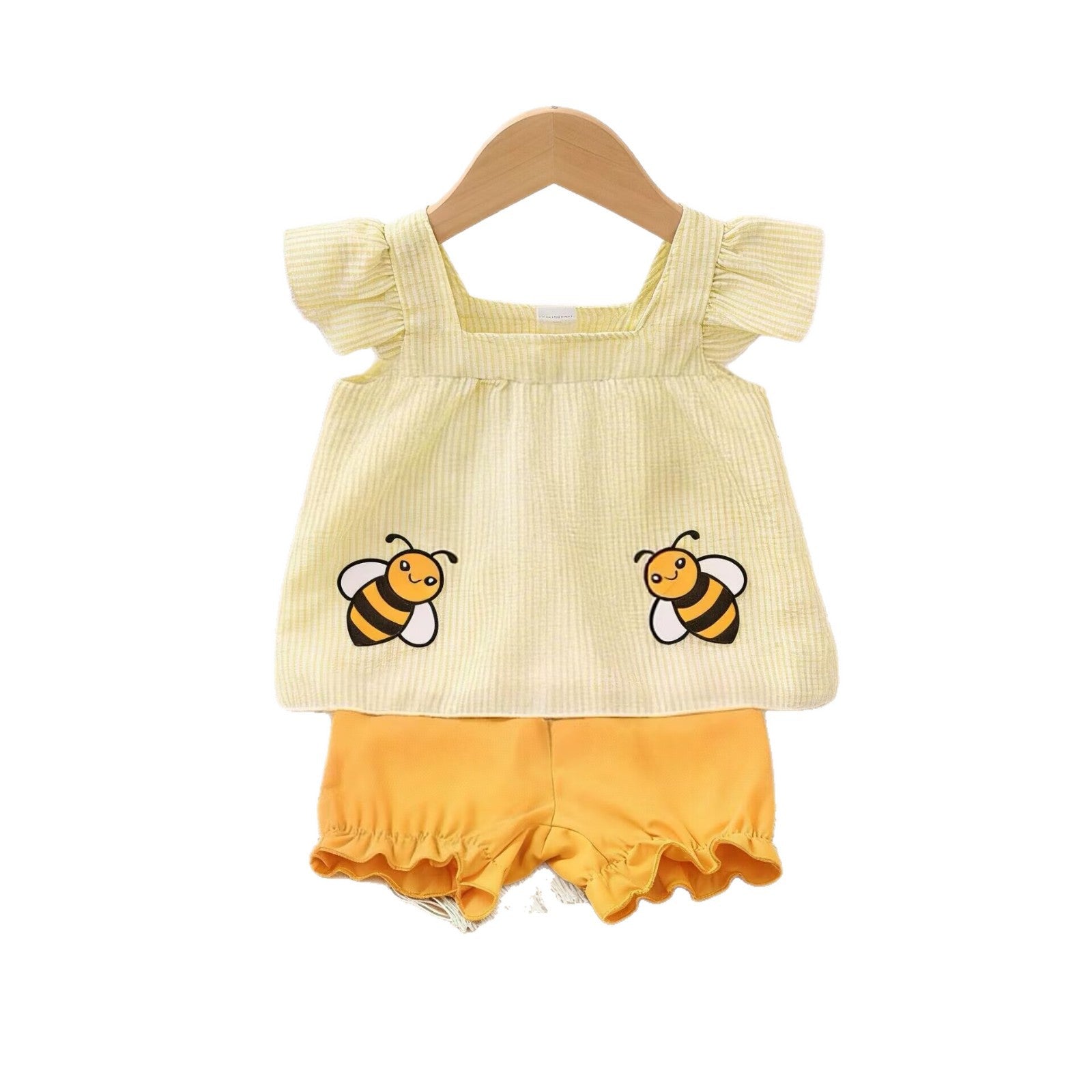 Baby Summer Clothes Bee Embroidery Shorts Set, Infant Square Neck Doll Shirt with Ruffle Pants Two-Piece Set