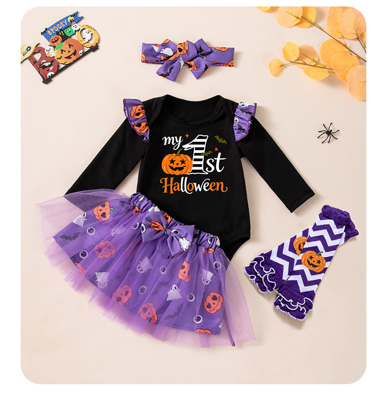 Cute Halloween Baby Girl Outfit Long Sleeve Romper with Ghost and Pumpkin Print, Skirt and Socks Set