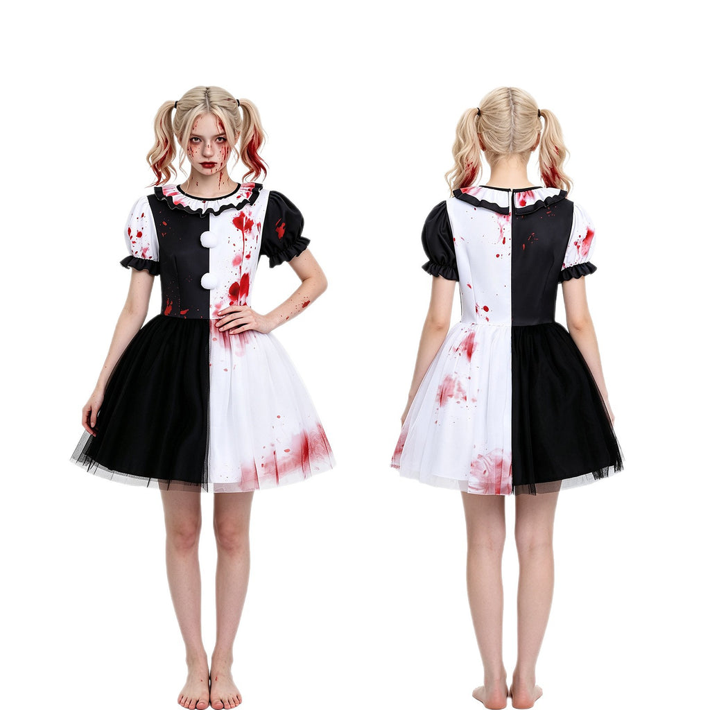 Women's Cosplay Clown Dress with Lace Overlay, A-line Silhouette, Terrifier Horror Costume, Halloween Party Dress