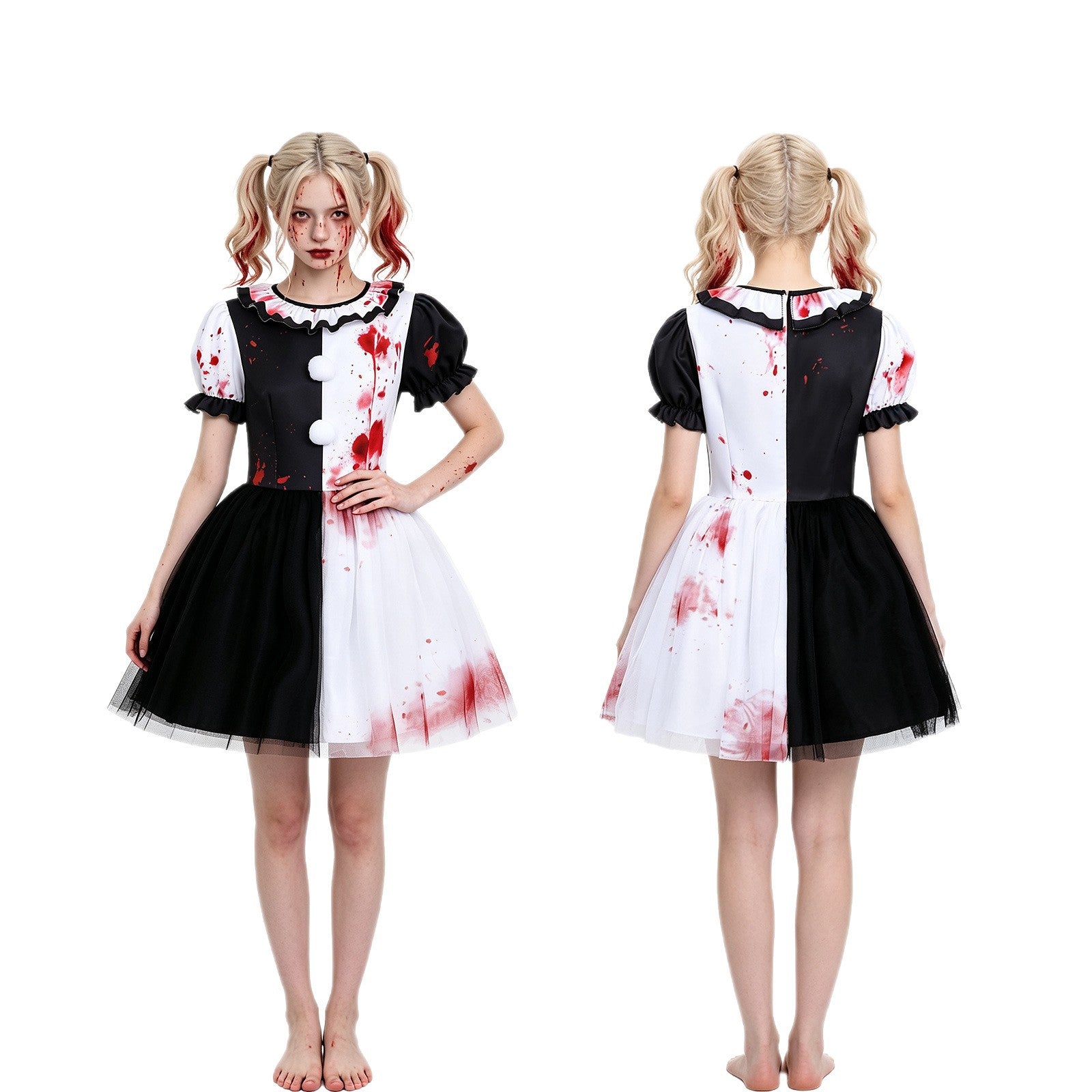 Women's Cosplay Clown Dress with Lace Overlay, A-line Silhouette, Terrifier Horror Costume, Halloween Party Dress