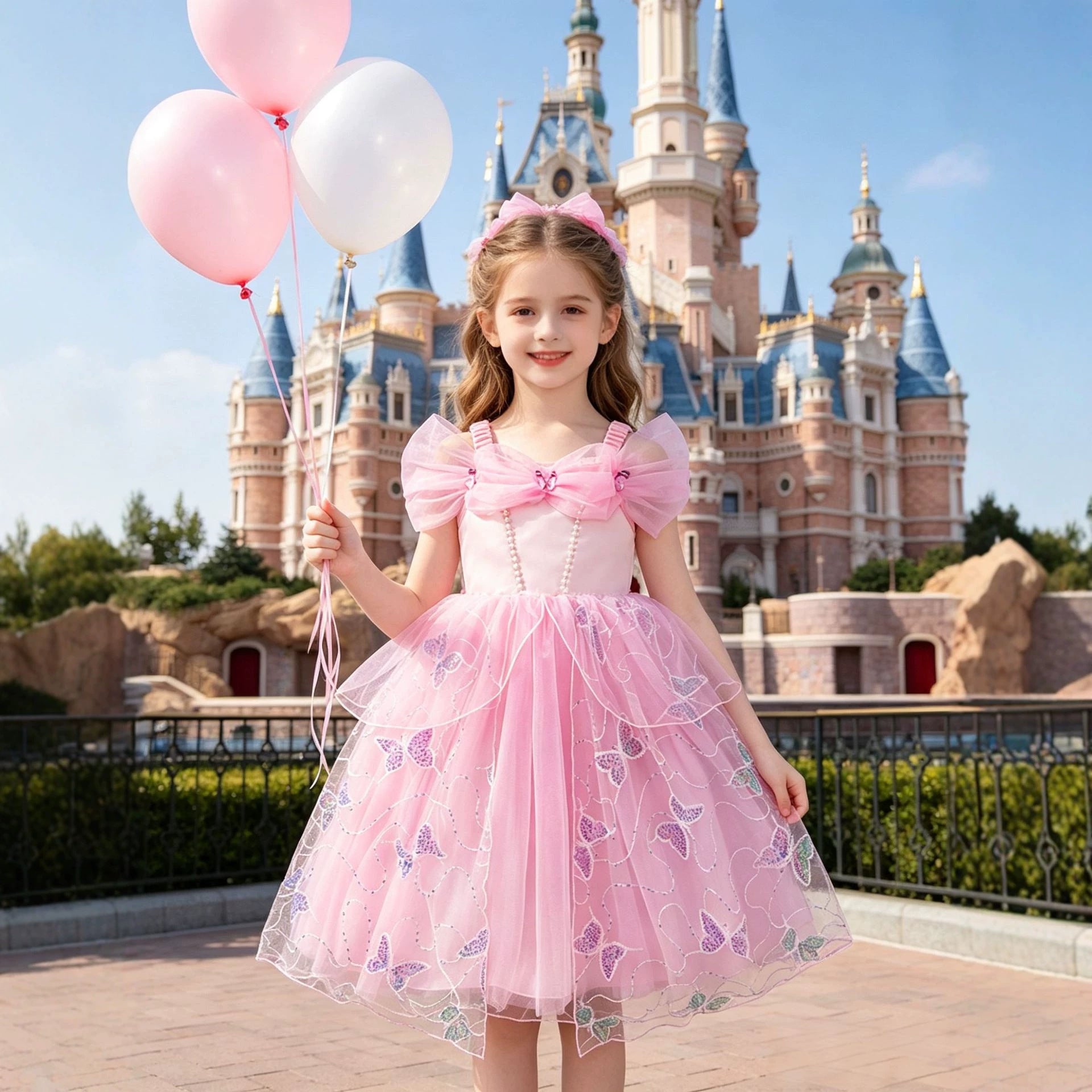 Fashionable Pink Butterfly Princess Dress for Girls, Summer Chiffon Puff Skirt, Party and Birthday Dress