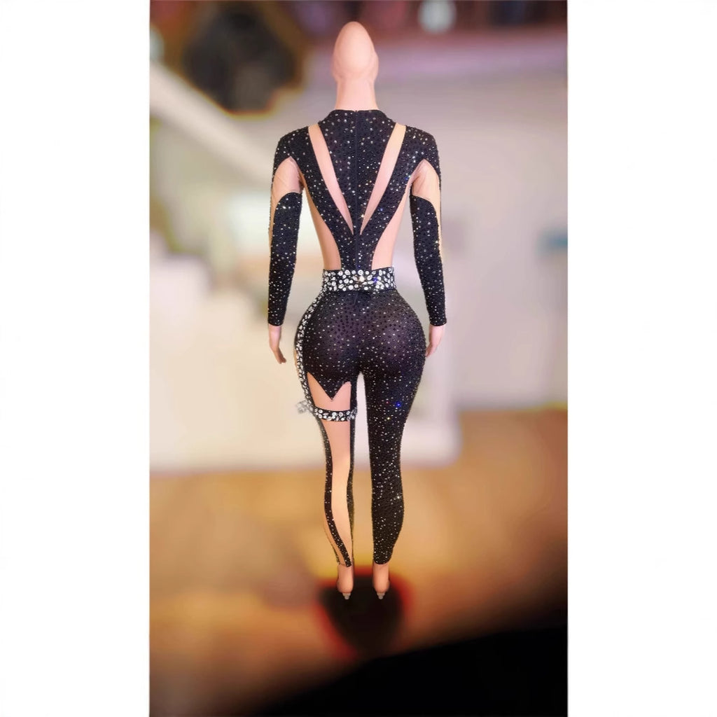 Full Diamond Black Tight Rhinestone Jumpsuit Nightclub Bar Singer Dance Gogo Performance Costume