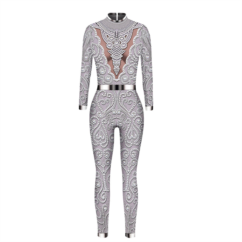 Cross-border popular skeleton ghost clothing 3D digital printing Halloween cosplay play clothing women's tight jumpsuit