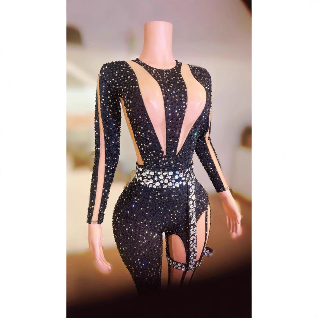Full Diamond Black Tight Rhinestone Jumpsuit Nightclub Bar Singer Dance Gogo Performance Costume