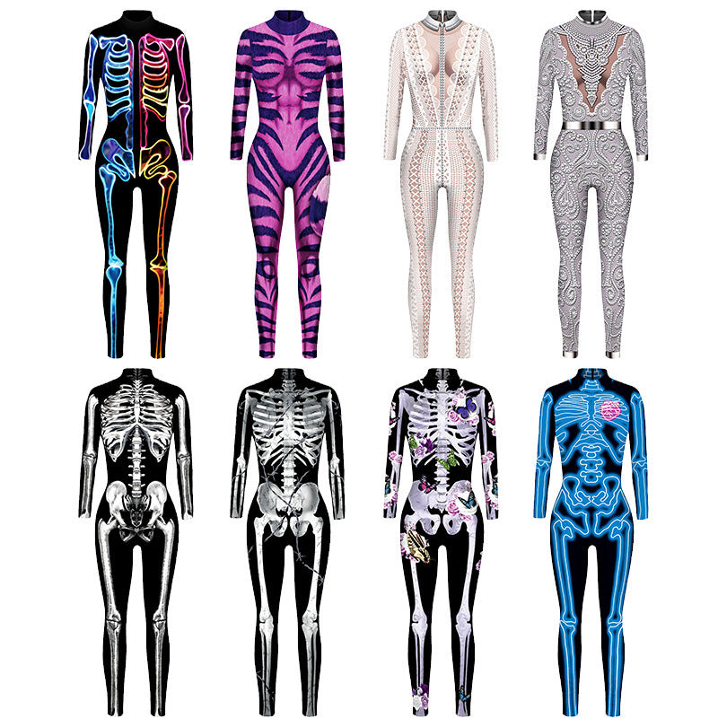 Cross-border popular skeleton ghost clothing 3D digital printing Halloween cosplay play clothing women's tight jumpsuit